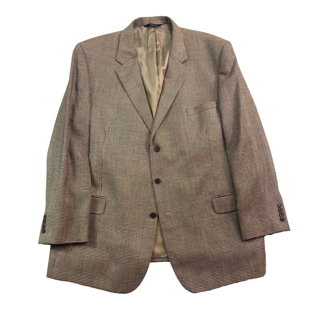 Jos A Bank 52L Tan Black Plaid Silk Camel Hair Blazer Jacket Sport Suit Coat‎